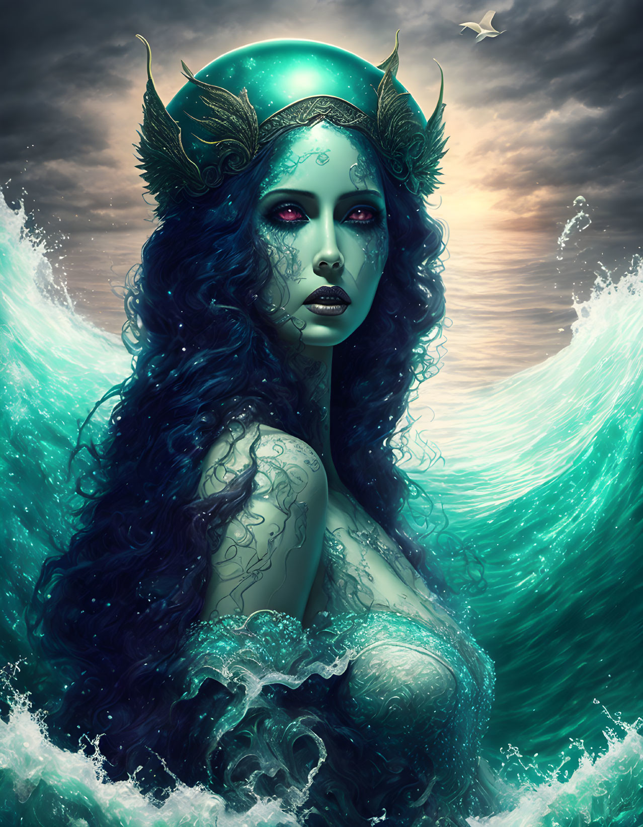 Blue-skinned sea goddess with horned crown emerges from waves under dramatic sky with flying bird