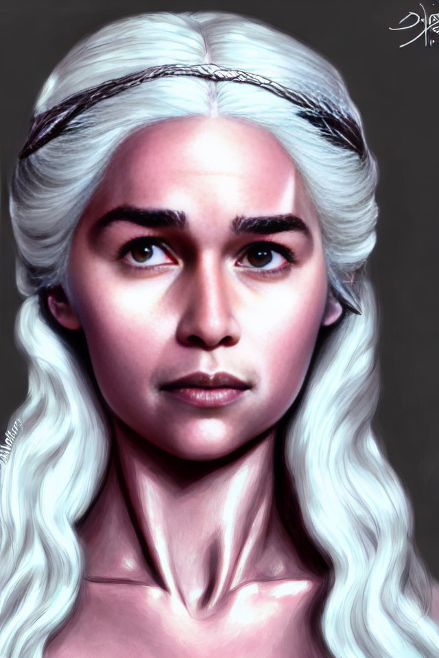 Silver-haired woman with braided crown and brown eyes in digital portrait