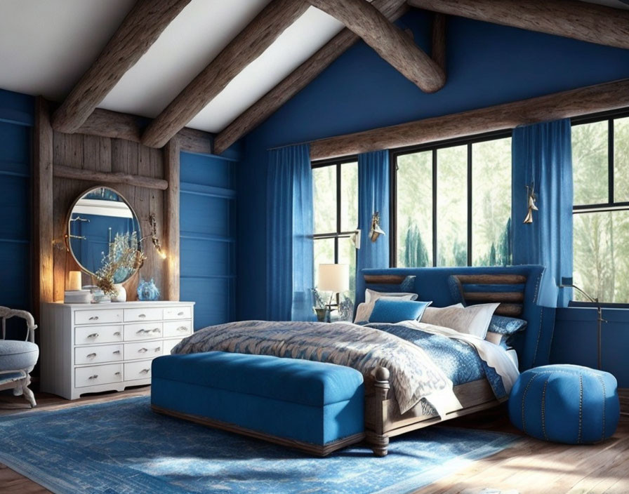 Blue-themed Bedroom with Wooden Beams and Large Bed Setup