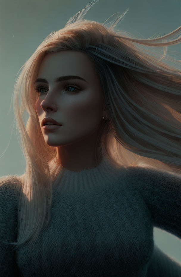 Blonde woman with blue eyes in cozy sweater art