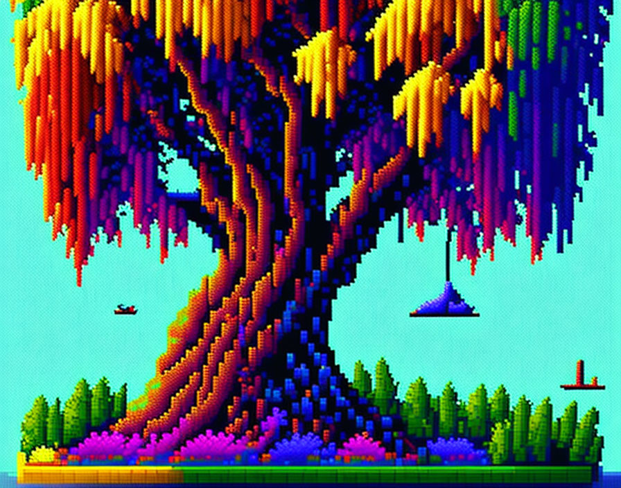 Vibrant oversized tree pixel art with twisted trunk and pixel river boats