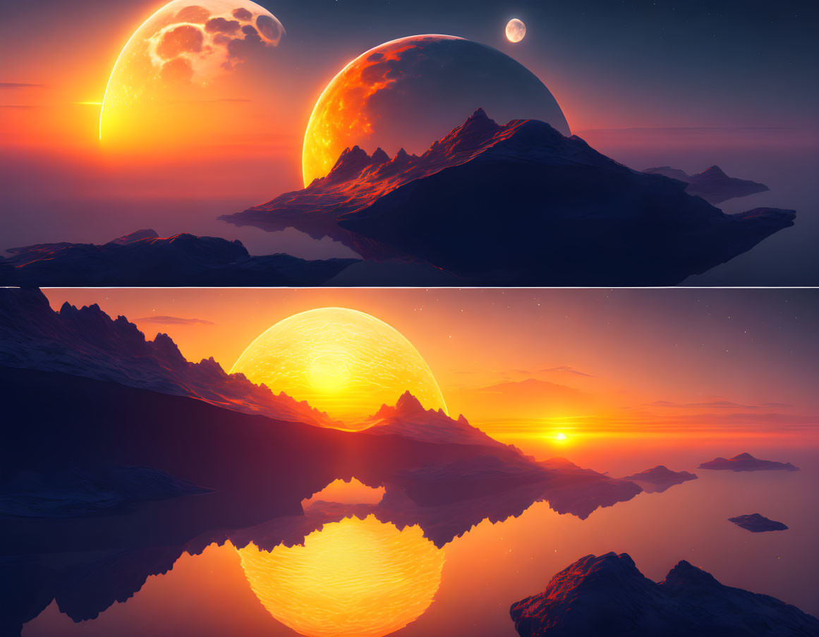 Alien moonrise scenes over mountainous landscape at twilight and sunrise