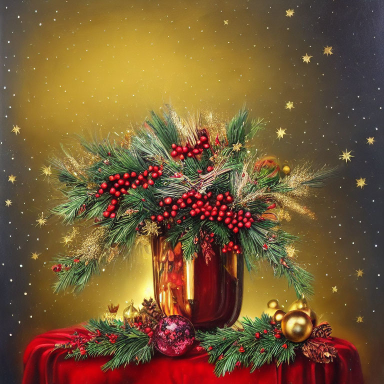 Holiday wreath with red berries and green foliage on shiny red base in golden backdrop