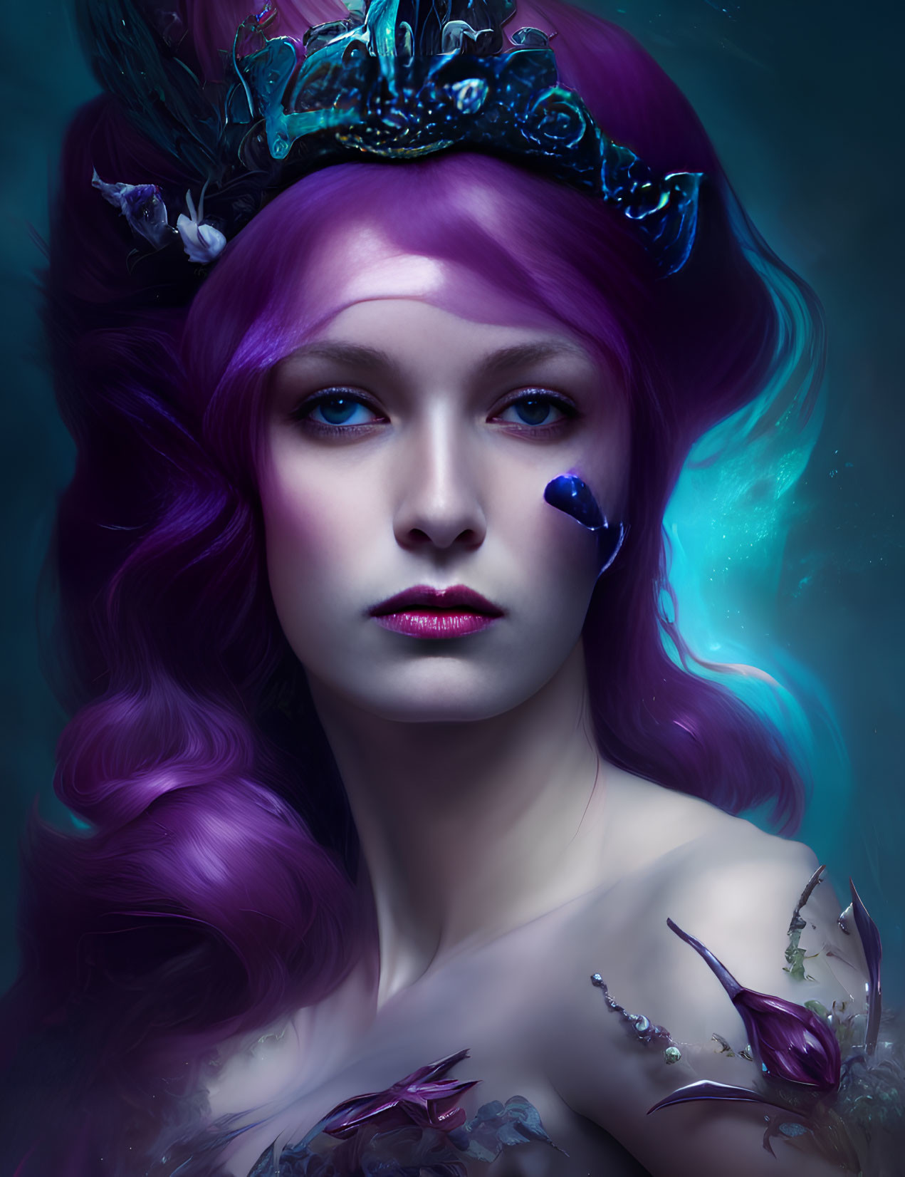 Portrait of woman with purple hair, dark crown, and blue makeup in a fantastical setting