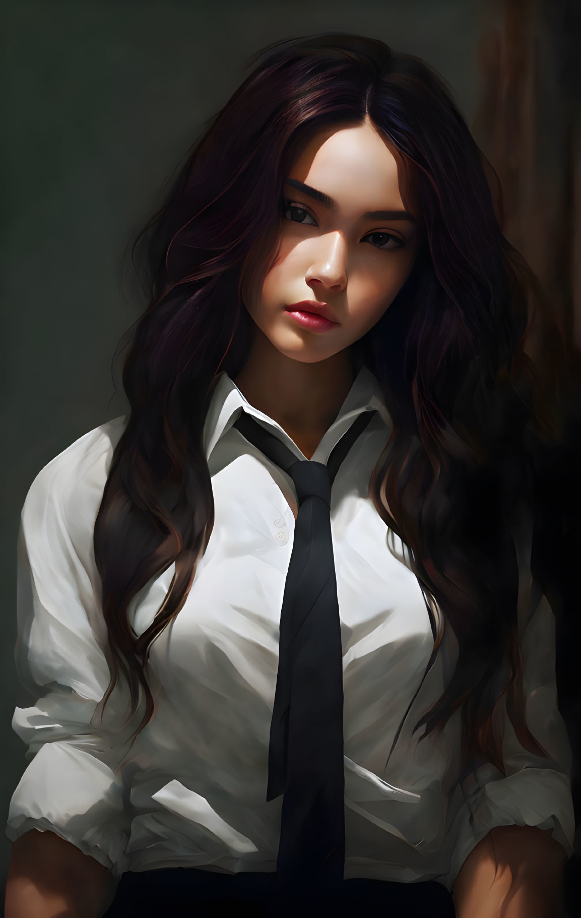 Portrait of woman in white shirt and black tie with long dark hair