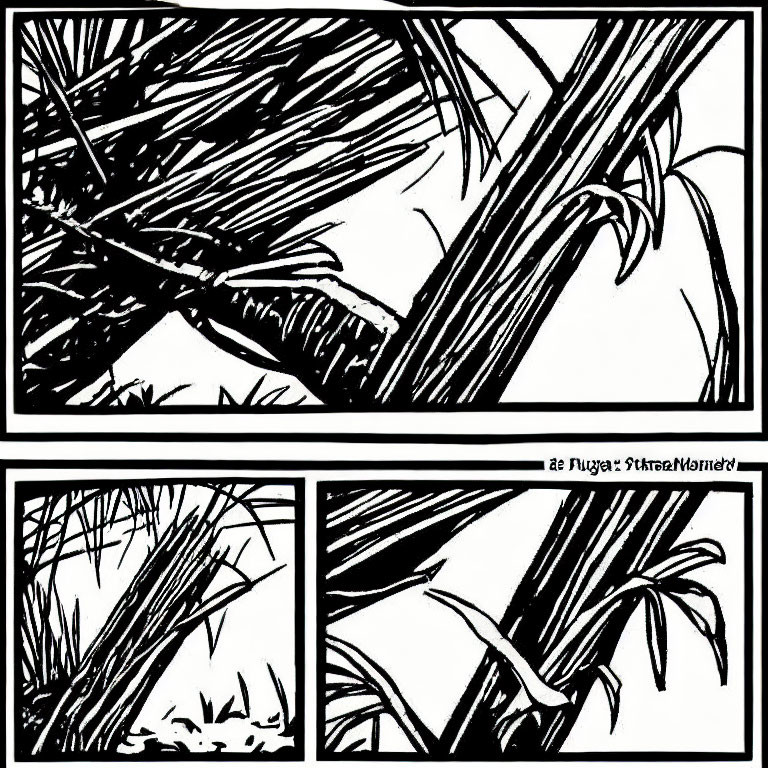 Monochrome comic strip: Close-up of grass, foliage, and hidden eyes.