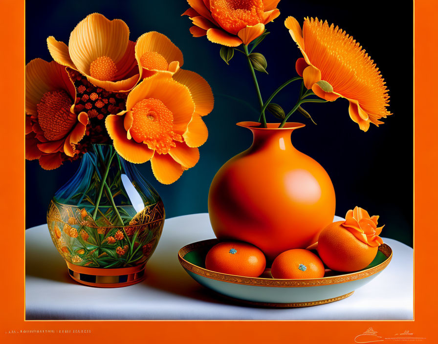 Colorful still life painting with orange flowers, blue vase, and oranges on golden plate.