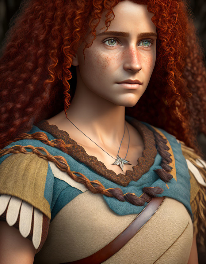 3D-rendered image: Woman with red curly hair, blue eyes, freckles, brown