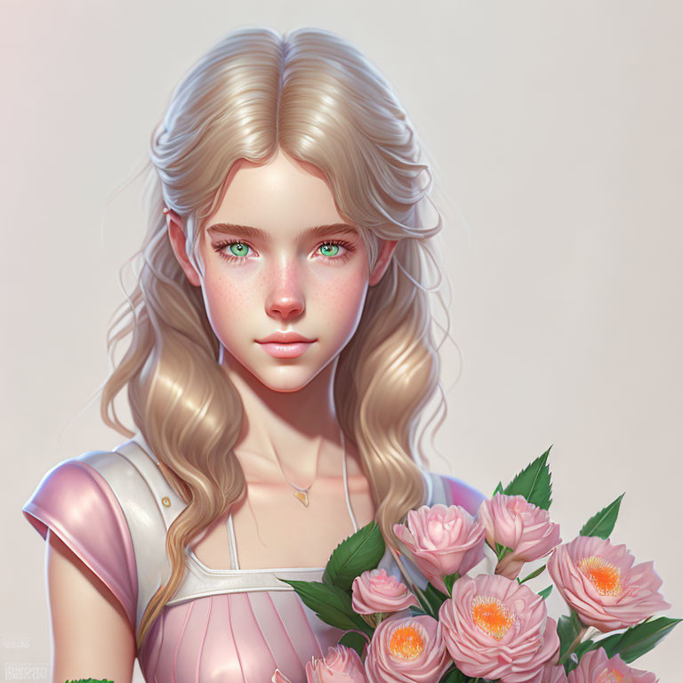 Blonde Girl with Green Eyes Holding Pink Flowers Portrait