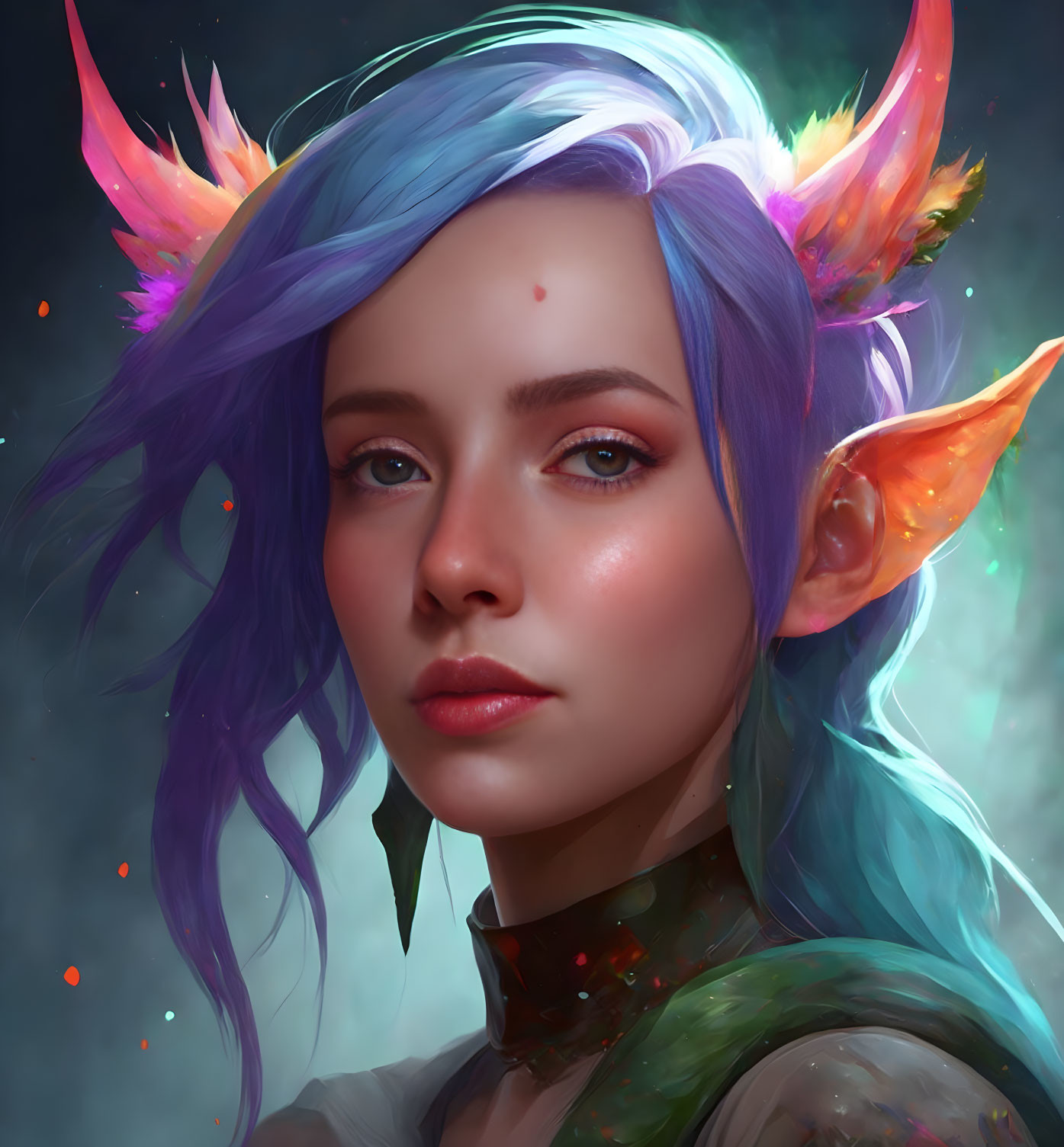 Fantastical female figure with blue hair, colorful ears, and orange horns on moody background