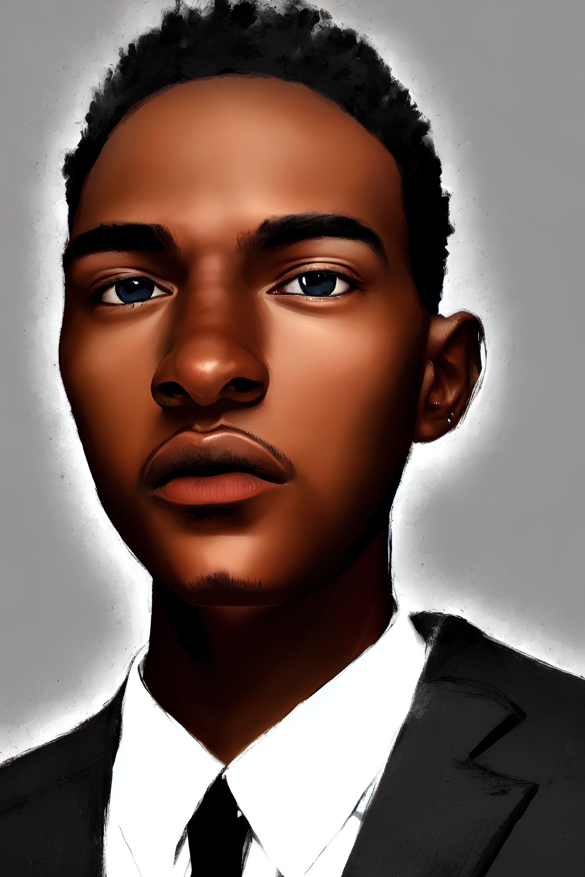 Young man in dark suit with short hair and earring in digital portrait