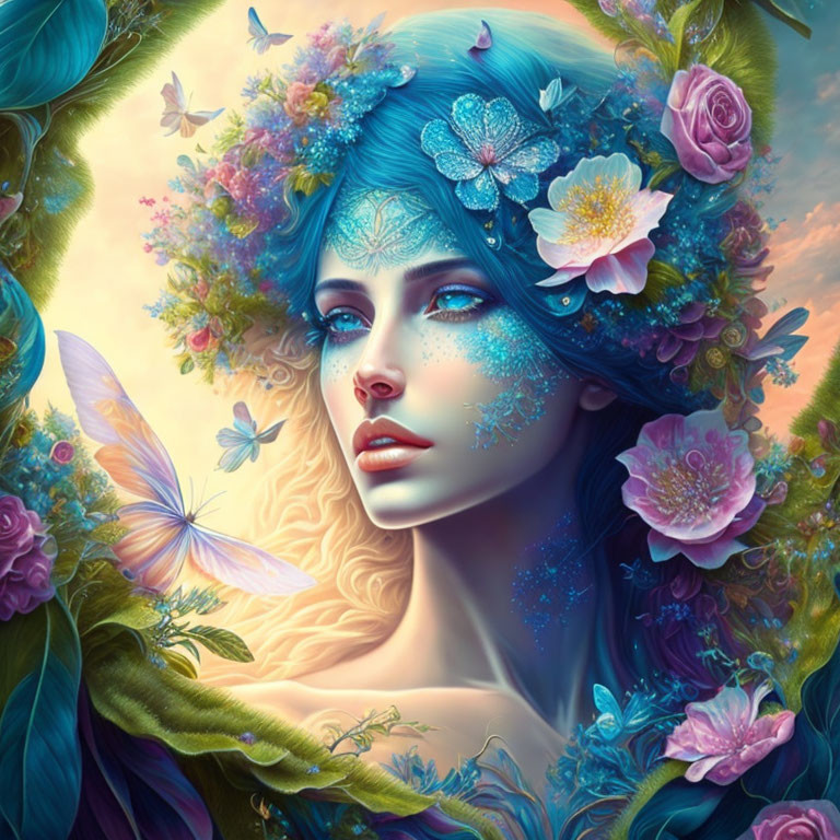 Fantastical portrait of woman with blue skin and floral headpiece in lush greenery.