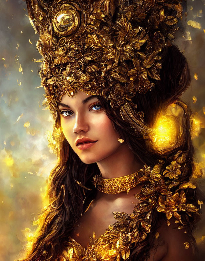 Golden floral headgear woman with enigmatic smile in warm backdrop