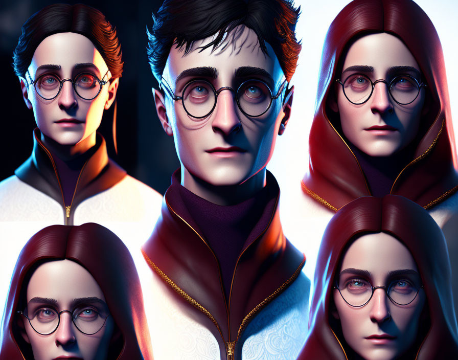 Stylized digital artwork: Five portraits of two characters with round glasses