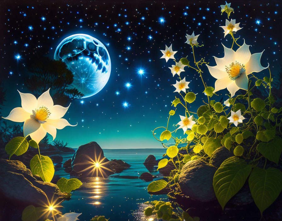 Starry night with white flowers, moon, and calm sea