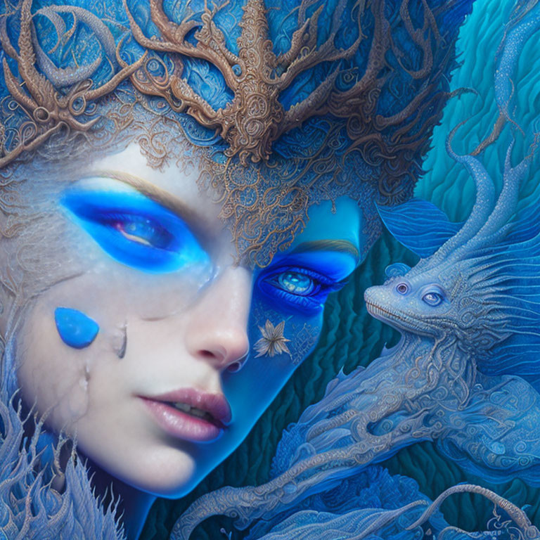 Fantastical Blue Woman with Golden Headpieces and Blue Dragon