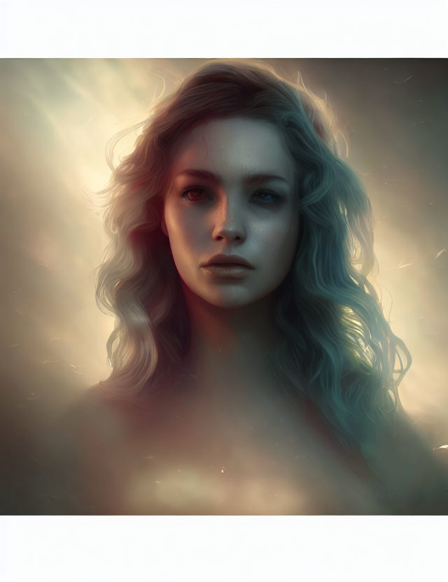 Digital portrait: Woman with wavy hair and warm backlight glow