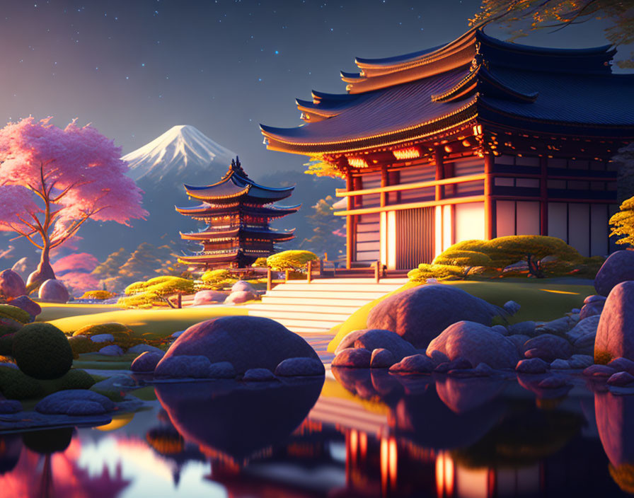 Japanese garden with pagoda, Mount Fuji, and starlit sky