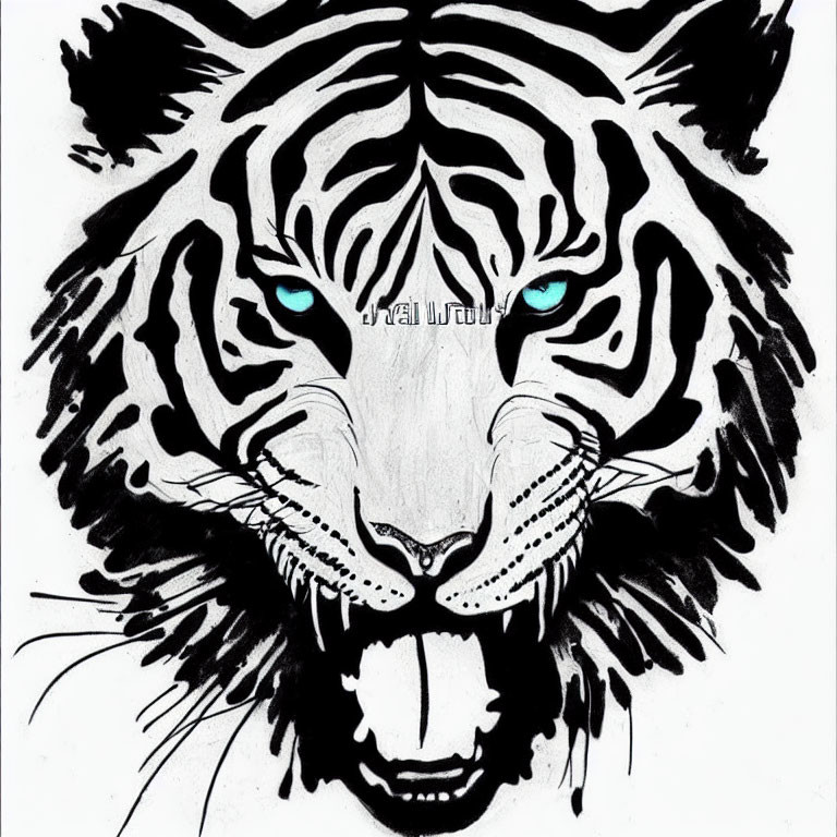 Detailed black and white tiger face sketch with blue eyes and snarling mouth.