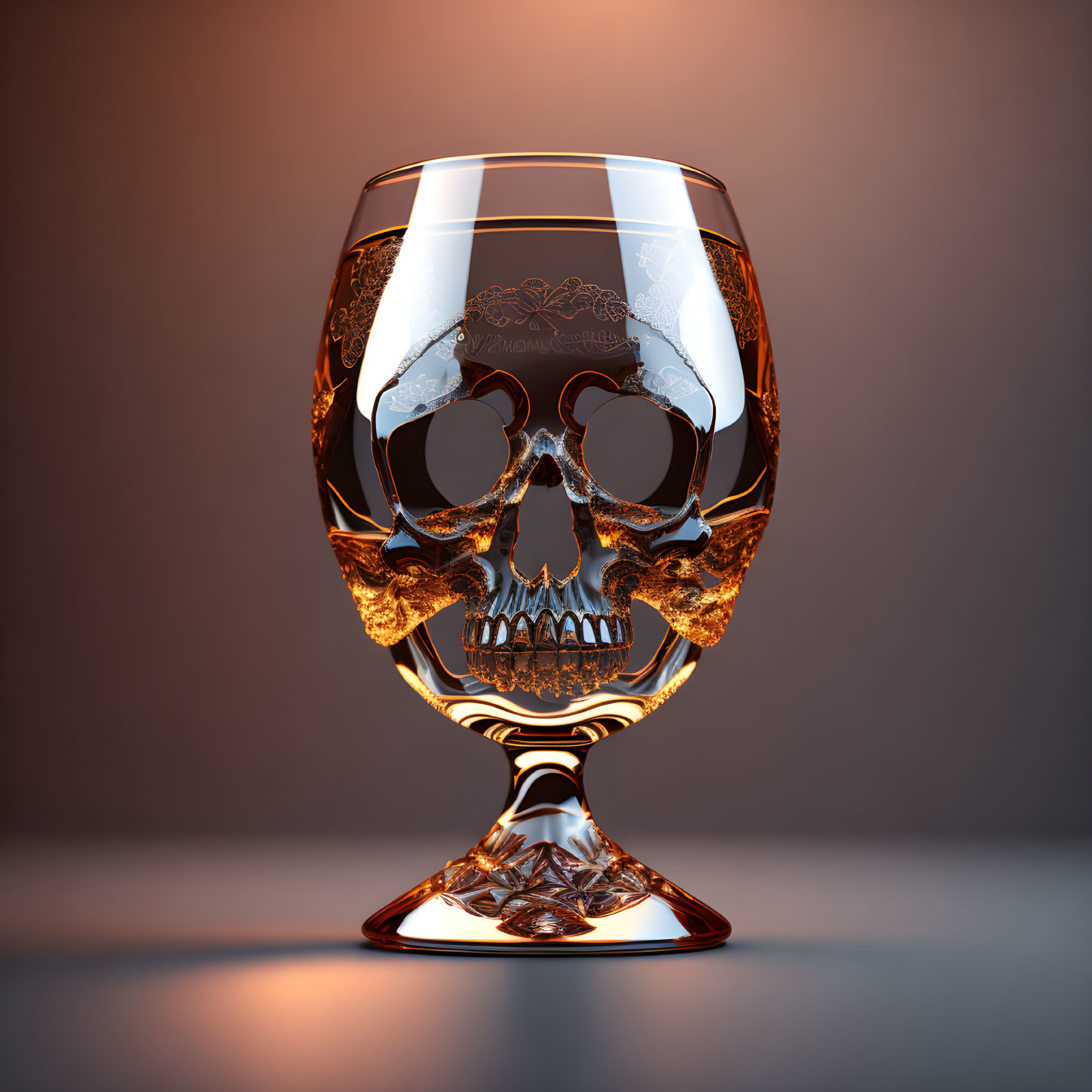 Skull-shaped crystal glass filled with dark amber liquid on gradient brown background