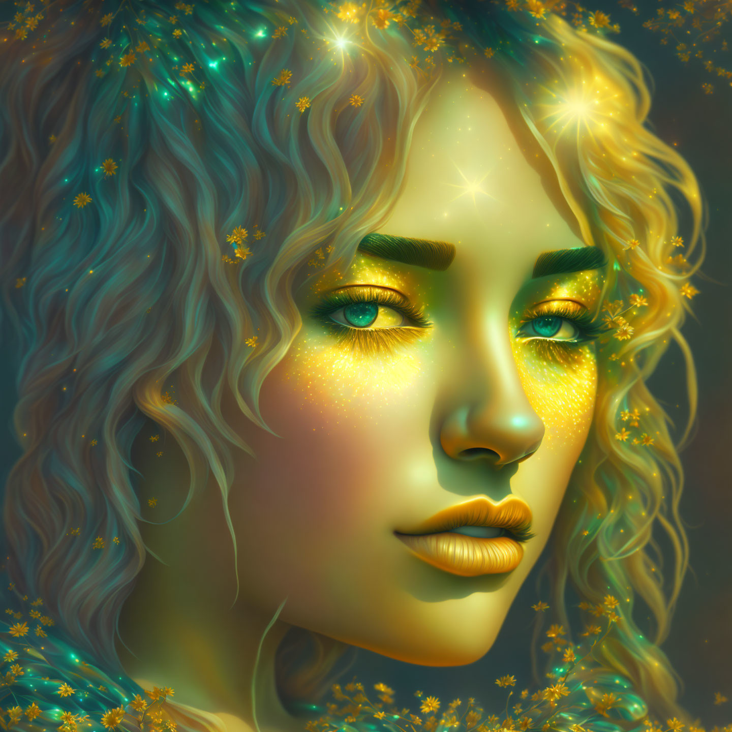 Woman with Golden Glowing Skin and Green Eyes Surrounded by Lights and Flowers