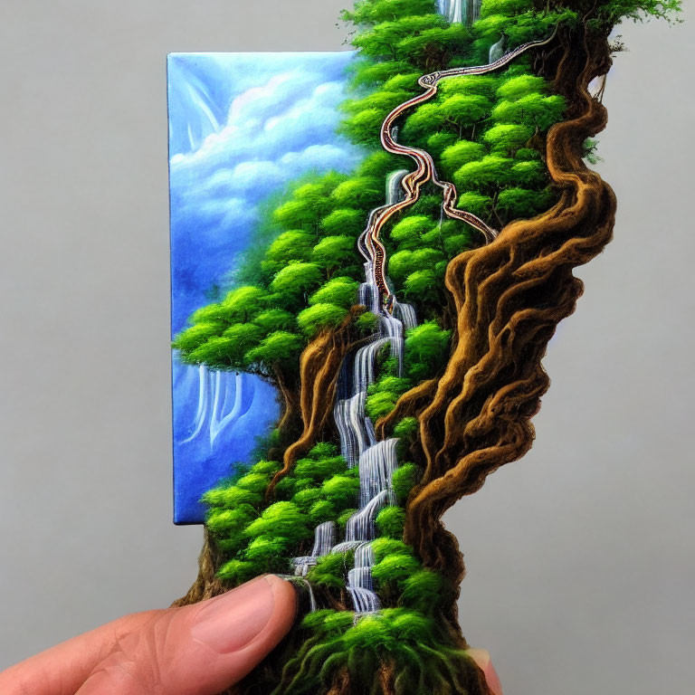 Vertical surreal landscape painting with waterfalls and trees.