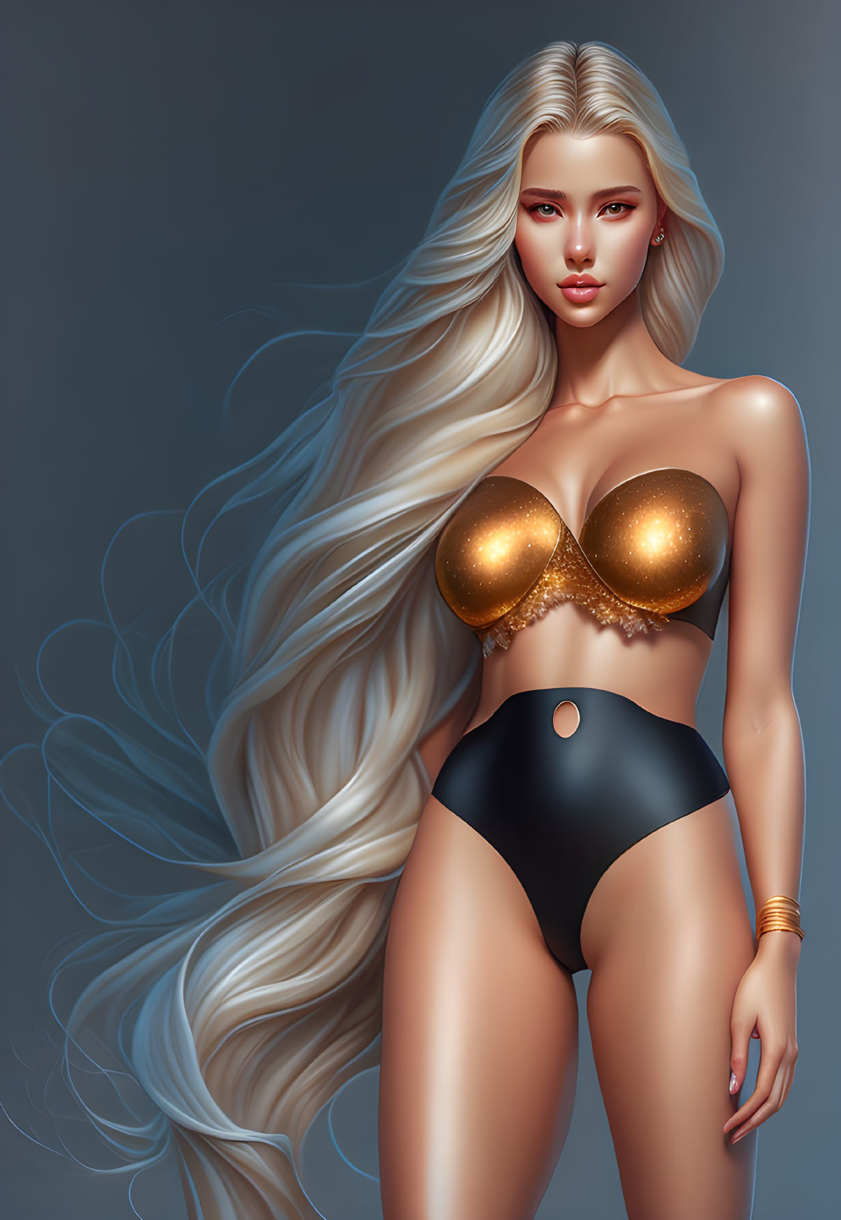 Blonde woman in golden bra top and black bottoms