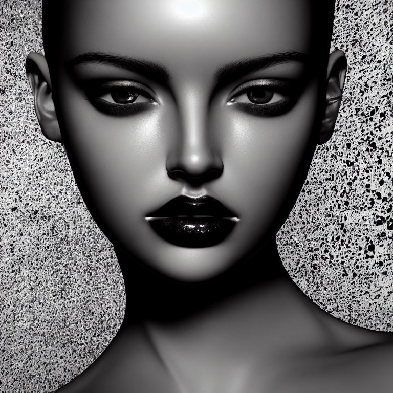 Monochromatic photorealistic portrait of a woman with bold makeup