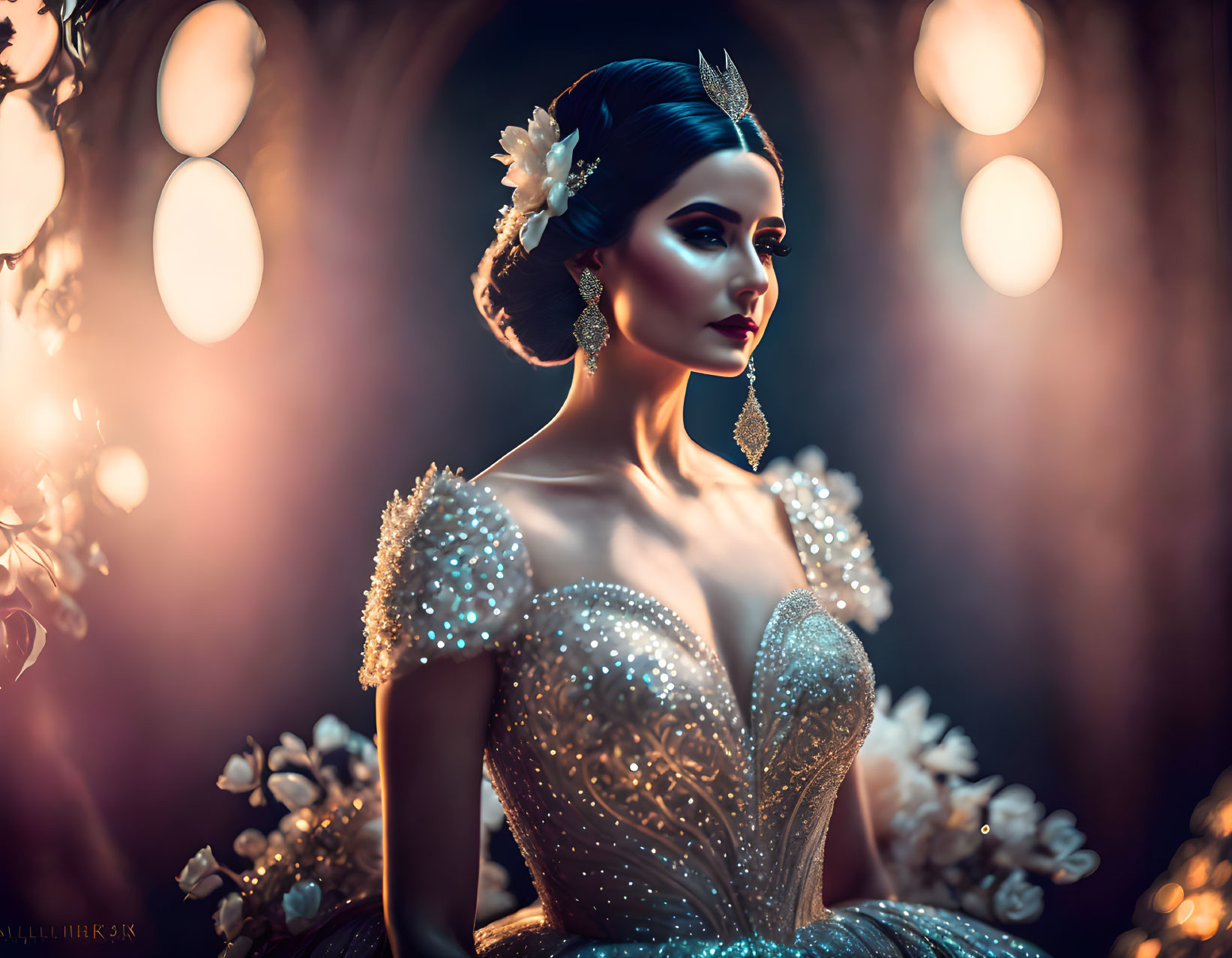 Woman in Beaded Gown with Dramatic Makeup and Updo Hairstyle