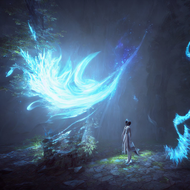 Person in cloak with ethereal wings in mystical forest