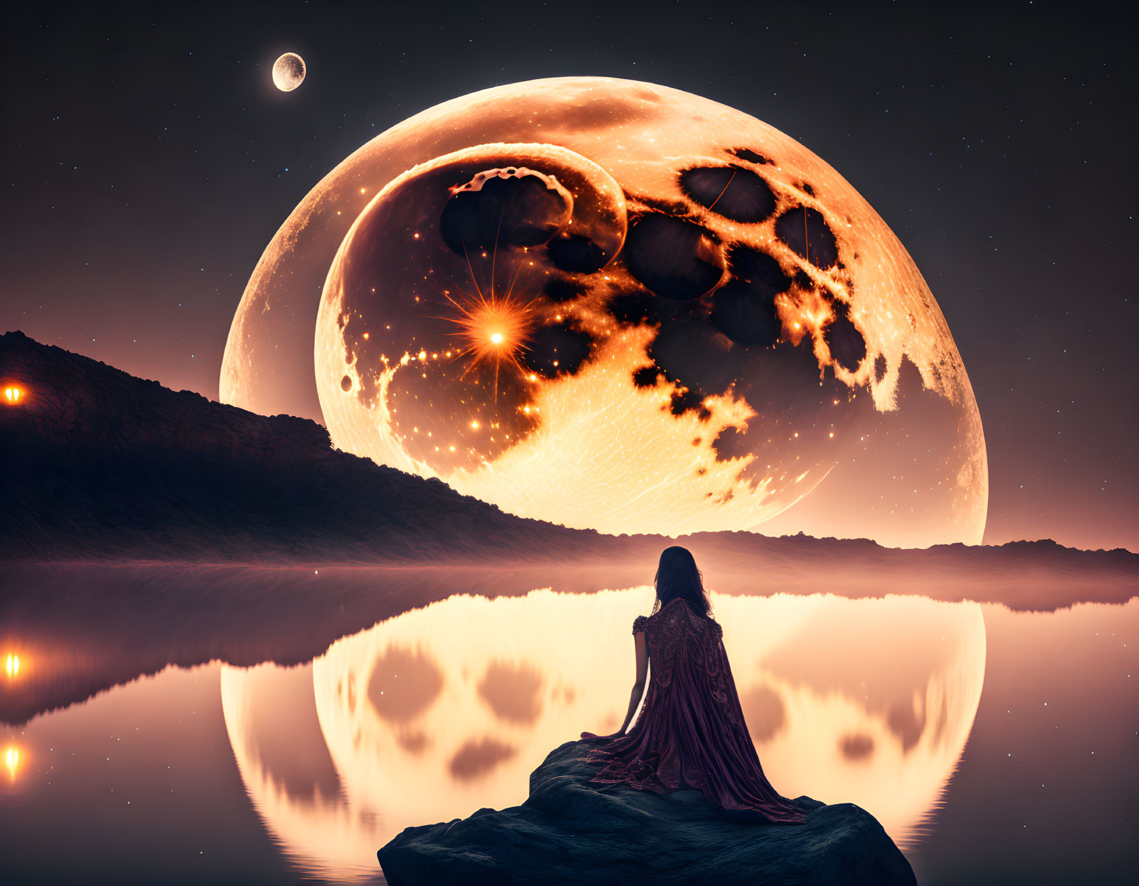 Person sitting on rock gazes at cratered moon reflecting over water under night sky.