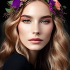 Portrait of woman with wavy hair and floral wreath, prominent eyes, subtle makeup on dark background