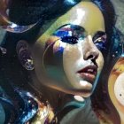 Digital fantasy art of woman with cosmic makeup and bird in vibrant nebula setting