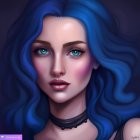 Vibrant blue hair, green eyes, purple makeup, and fantasy armor portrait