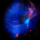 Person in dark space with vibrant blue and purple nebula and celestial bodies.