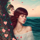 Two women by the sea with pink hearts and birds, evoking calm and romance