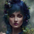 Portrait of mystical woman with blue hair, floral wreath, serene expression, and butterflies.