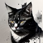 Realistic black and white cat painting with yellow eyes and paint splatters