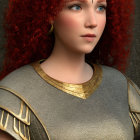 3D-rendered image: Woman with red curly hair, blue eyes, freckles, brown