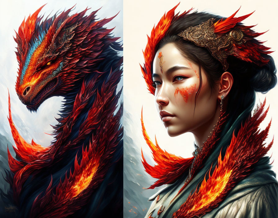 Split-image artwork: Fiery red dragon & woman in dragon-inspired makeup.