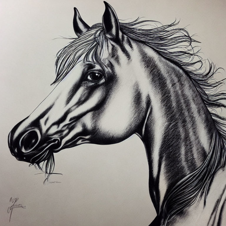 Realistic Horse Head Drawing with Detailed Shading and Textured Mane