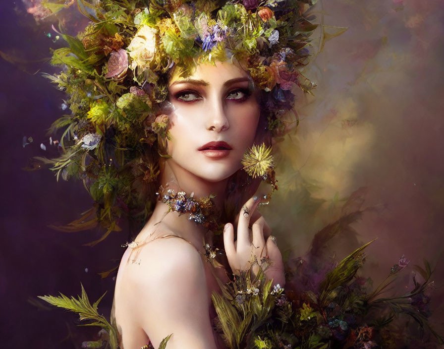 Woman portrait with floral headdress and nature makeup on mystical background