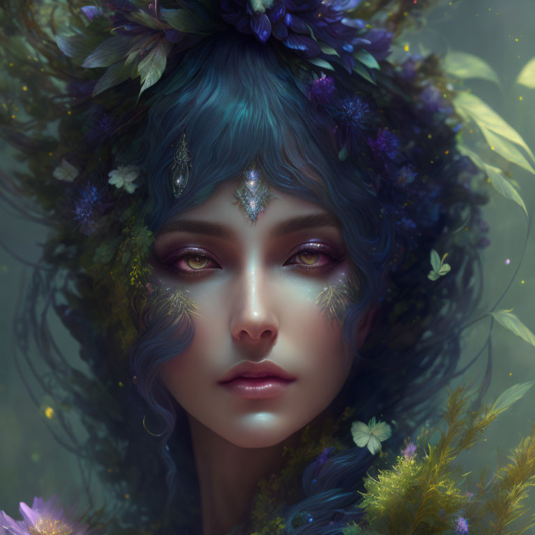 Portrait of mystical woman with blue hair, floral wreath, serene expression, and butterflies.