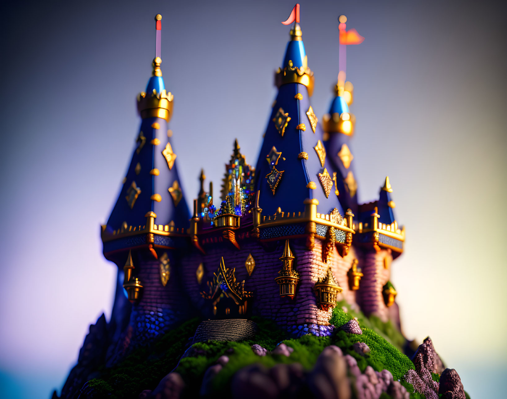 Miniature fantasy castle: purple towers, golden accents, colorful flags on green hillock under soft-l