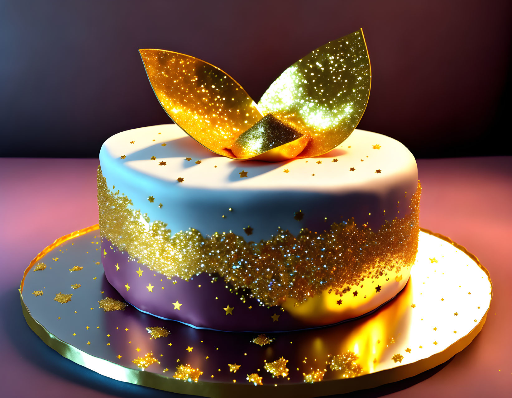 Gradient Purple to White Cake with Gold Glitter and Leaf on Golden Base