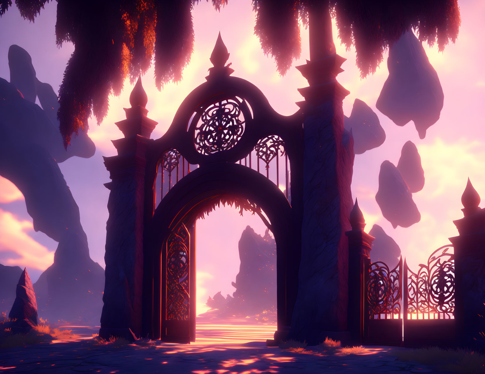 Ornate gate at sunset with silhouetted trees and rock formations