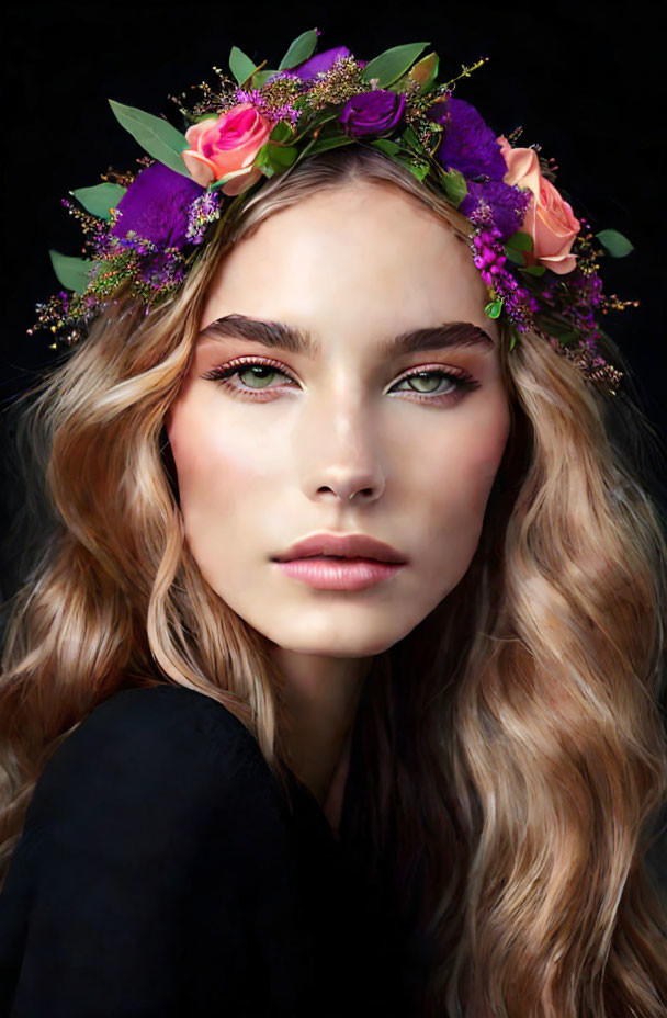 Portrait of woman with wavy hair and floral wreath, prominent eyes, subtle makeup on dark background