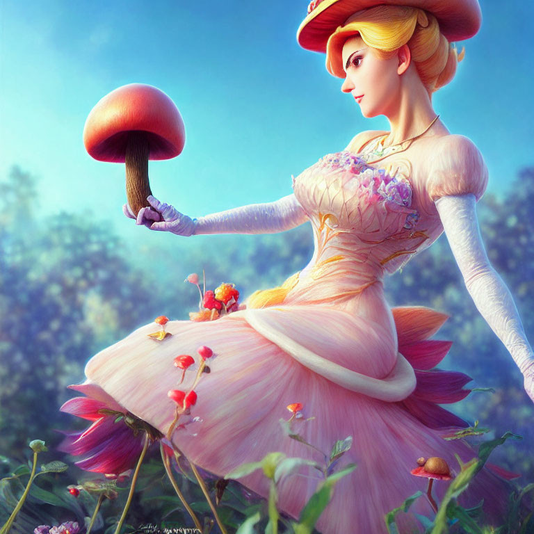 Stylized fairy tale character with mushroom in elegant dress against forest backdrop