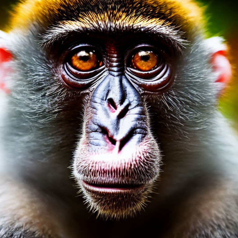 Detailed close-up of monkey with piercing amber eyes and furrowed brow