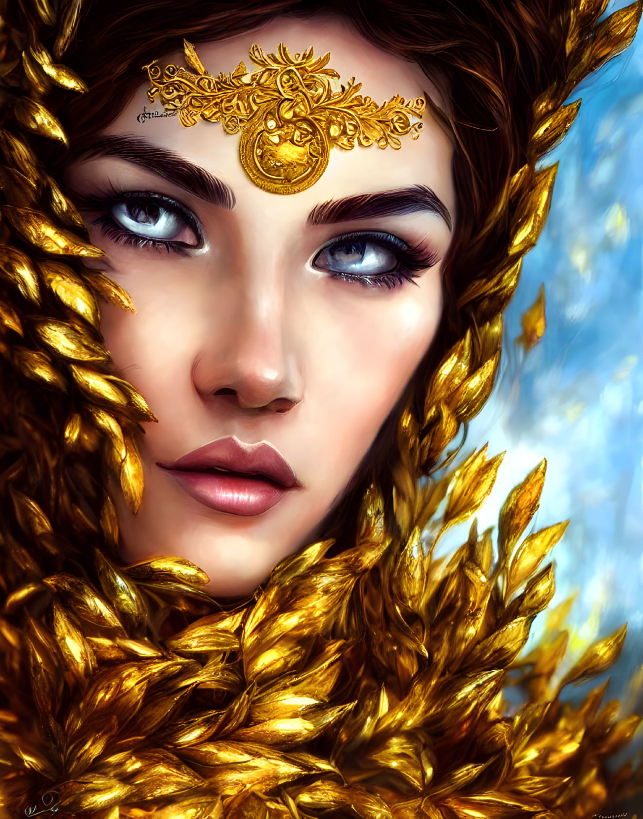 Detailed digital portrait: Woman with striking blue eyes, adorned with golden laurel leaves and intricate forehead piece